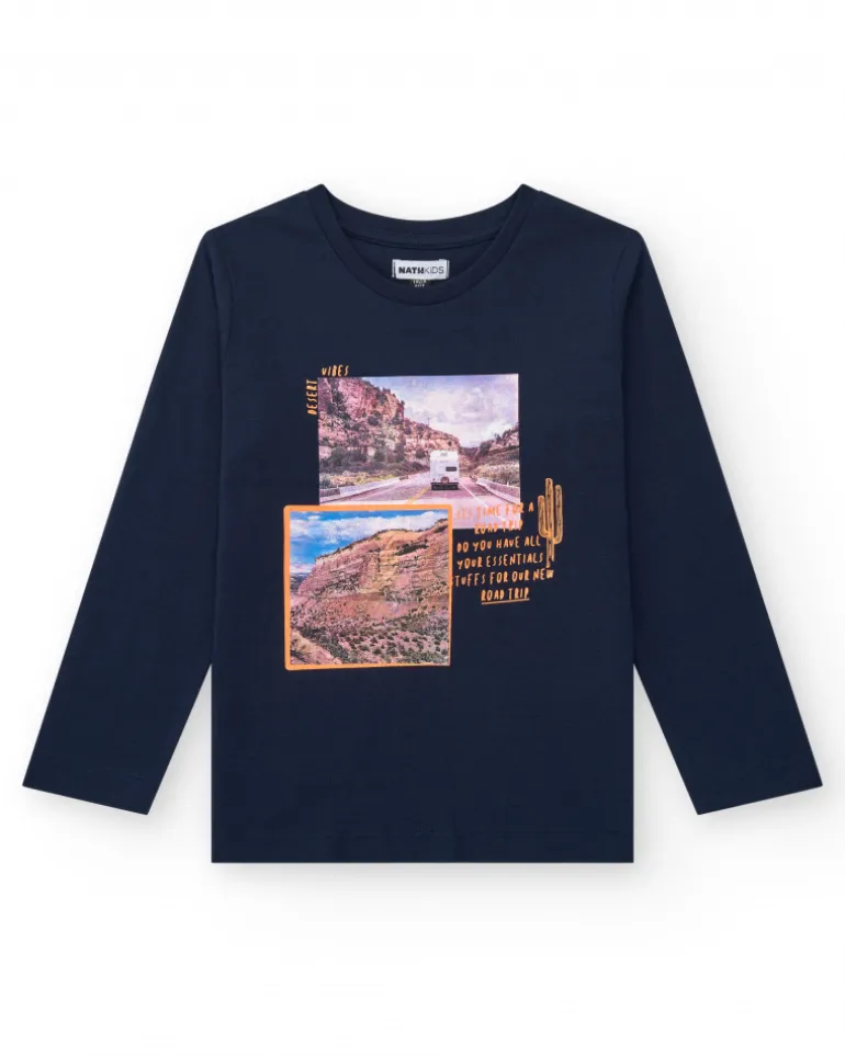 T-shirt à manches longues pour garçon en bleu avec design sur les aventures.