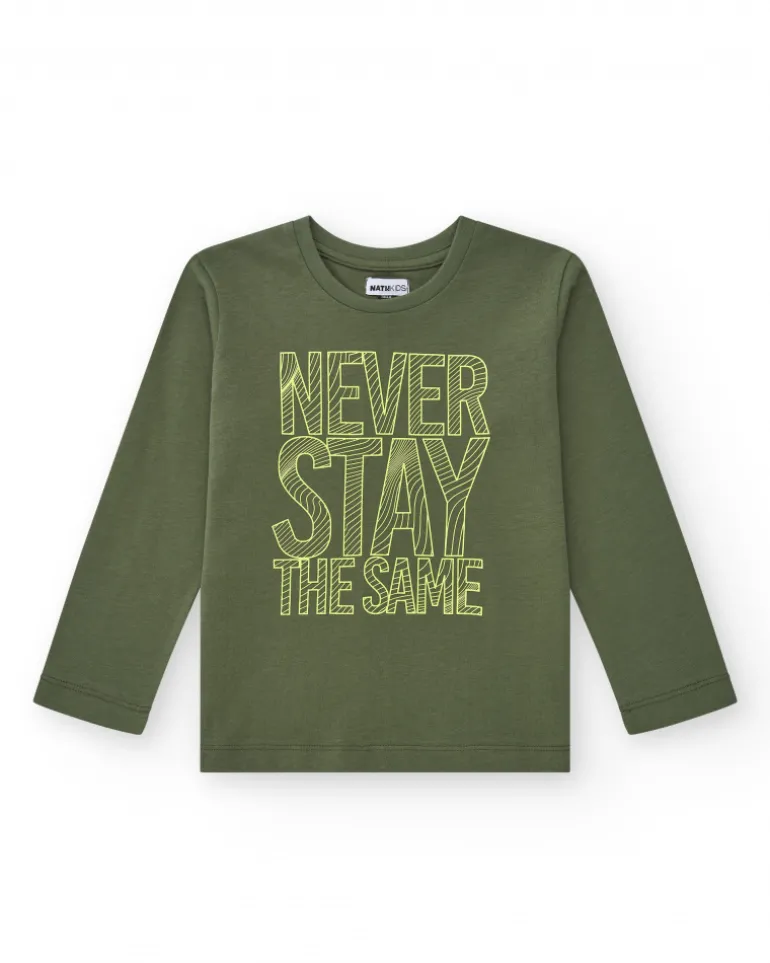 T-shirt à manches longues pour garçon en vert avec texte imprimé.