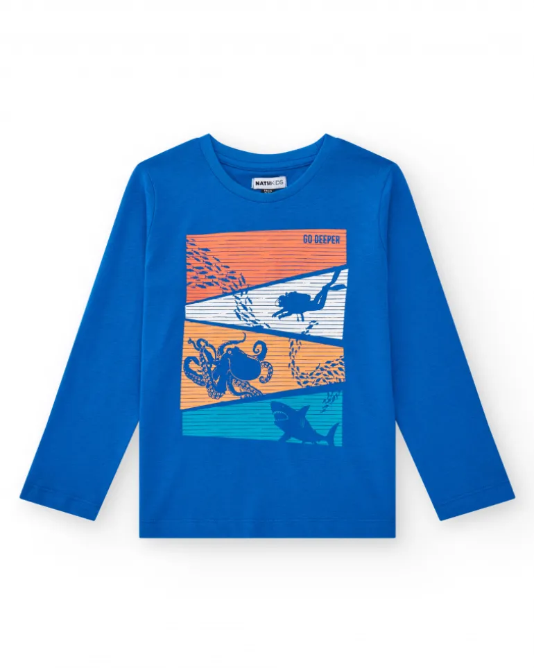 T-shirt à manches longues pour garçon en bleu avec imprimé marin