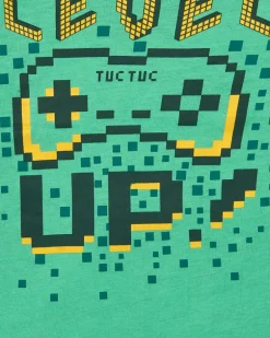 T-shirt à manches longues pour garçon vert avec imprimé "Level Up", collection Cyber Dino