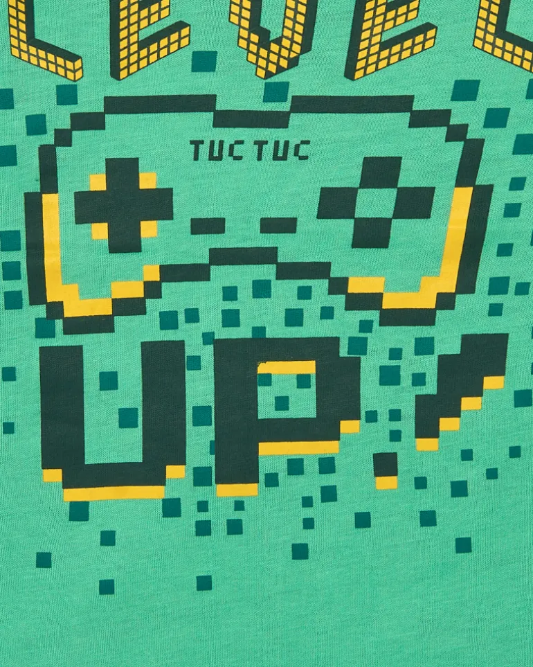 T-shirt à manches longues pour garçon vert avec imprimé "Level Up", collection Cyber Dino