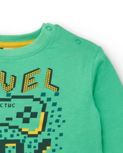 T-shirt à manches longues pour garçon vert avec imprimé "Level Up", collection Cyber Dino