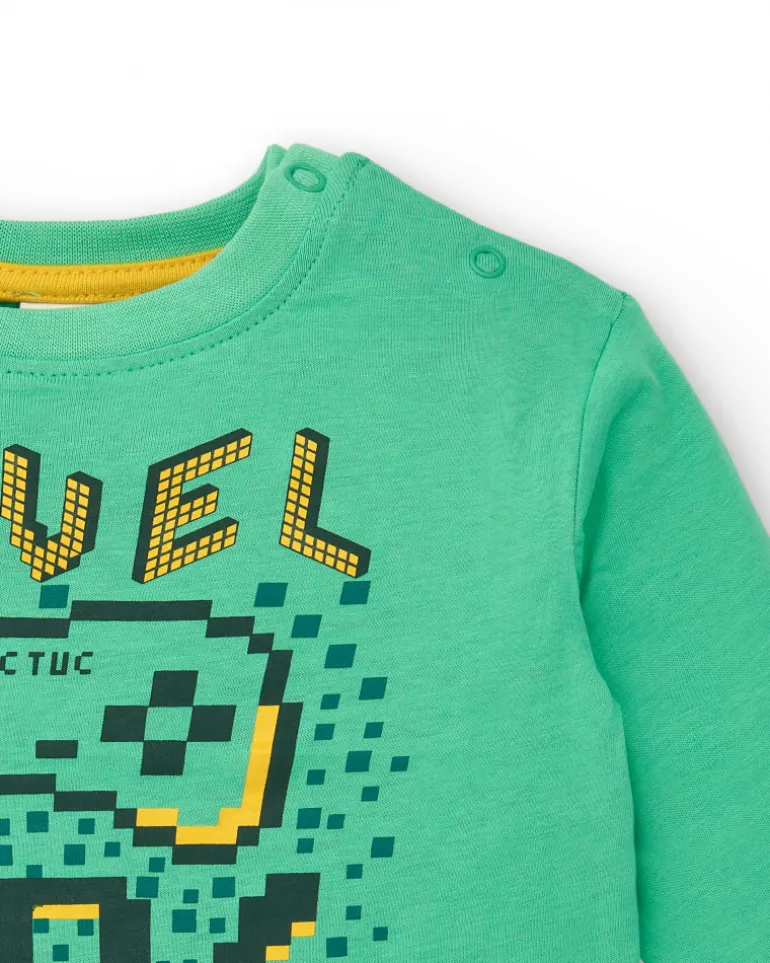 T-shirt à manches longues pour garçon vert avec imprimé "Level Up", collection Cyber Dino