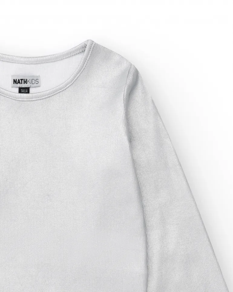 T-shirt à manches longues pour fille en argenté avec finition brillante.
