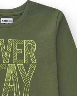 T-shirt à manches longues pour garçon en vert avec texte imprimé.