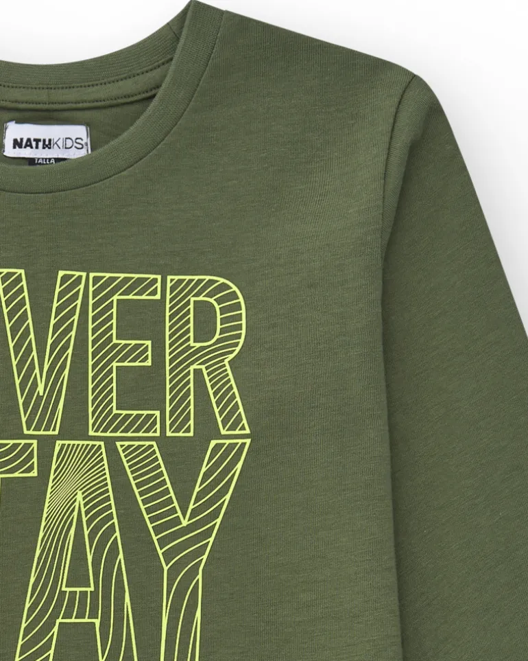 T-shirt à manches longues pour garçon en vert avec texte imprimé.