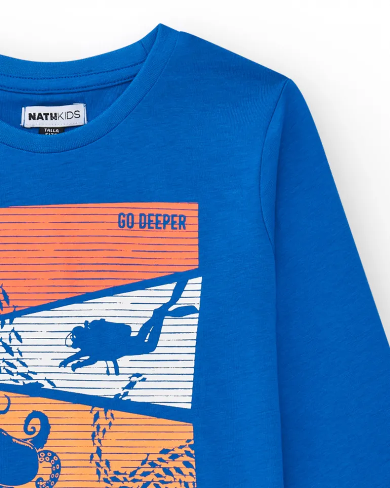 T-shirt à manches longues pour garçon en bleu avec imprimé marin