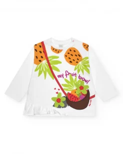 T-shirt blanc à manches longues pour fille avec fruits brodés et volant