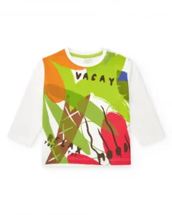 T-shirt blanc à manches longues pour garçon avec imprimé tropical