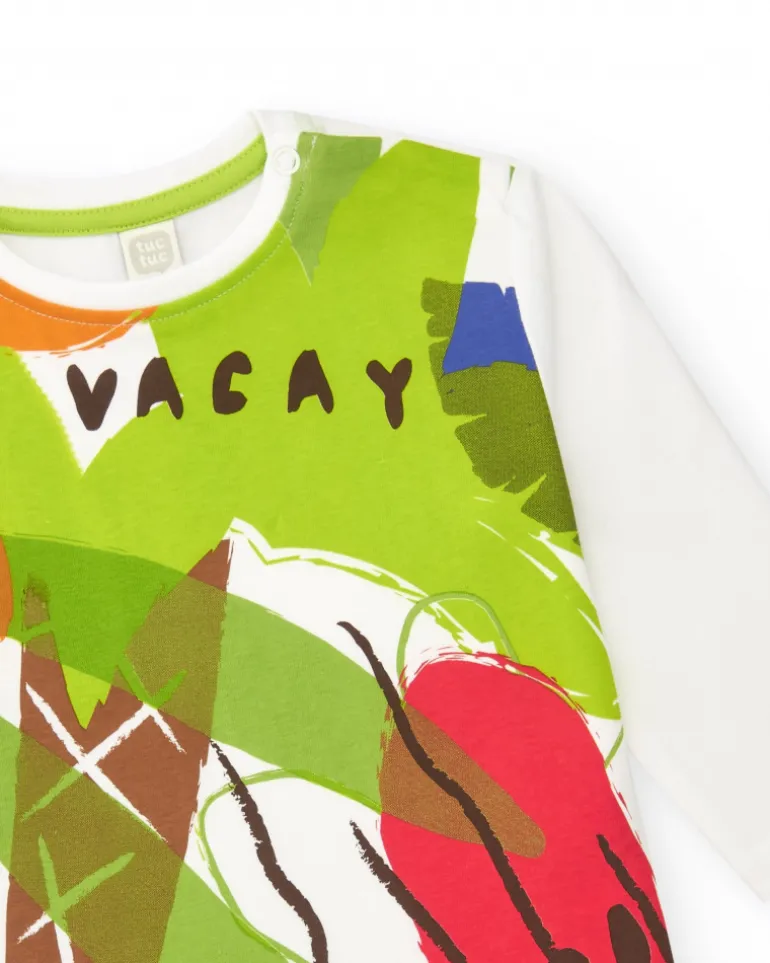 T-shirt blanc à manches longues pour garçon avec imprimé tropical