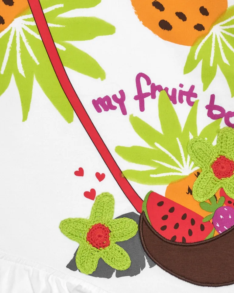 T-shirt blanc à manches longues pour fille avec fruits brodés et volant