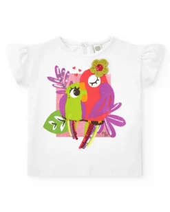 T-shirt blanc pour fille avec perroquets brodés et paillettes