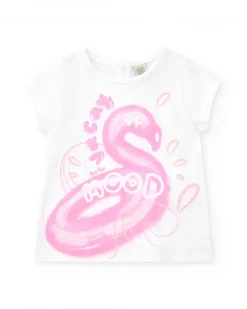 T-shirt blanc pour fille avec flamant rose et fermeture arrière