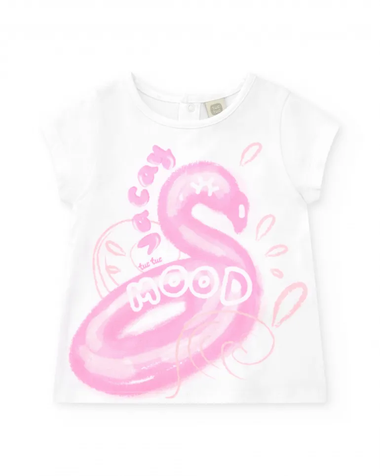 T-shirt blanc pour fille avec flamant rose et fermeture arrière