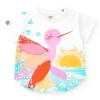 T-shirt blanc pour fille avec oiseau multicolore et détails en tissu