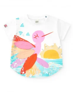 T-shirt blanc pour fille avec oiseau multicolore et détails en tissu