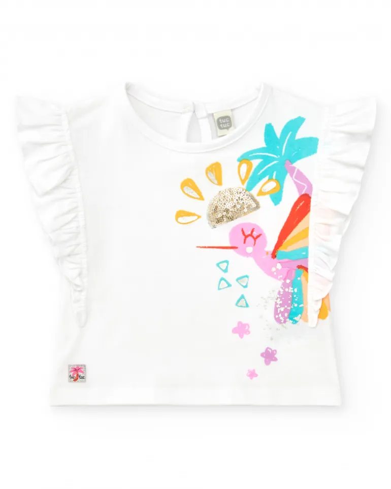 T-shirt blanc pour fille avec colibri tropical et paillettes