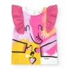 T-shirt blanc pour fille avec volants fuchsia aux épaules