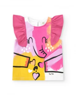 T-shirt blanc pour fille avec volants fuchsia aux épaules