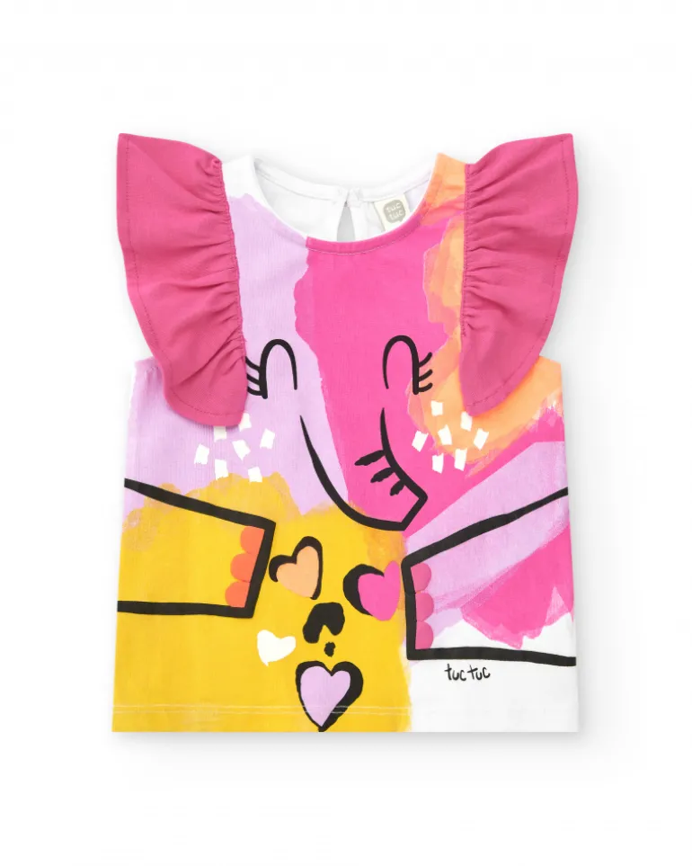 T-shirt blanc pour fille avec volants fuchsia aux épaules