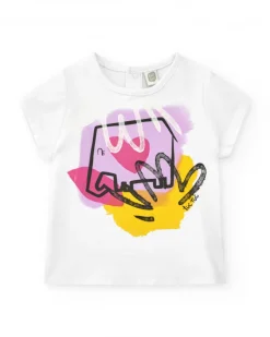 T-shirt blanc pour fille avec éléphant en rose, jaune et noir