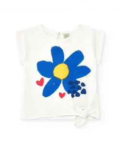 T-shirt blanc pour fille avec fleur bleue et cœurs