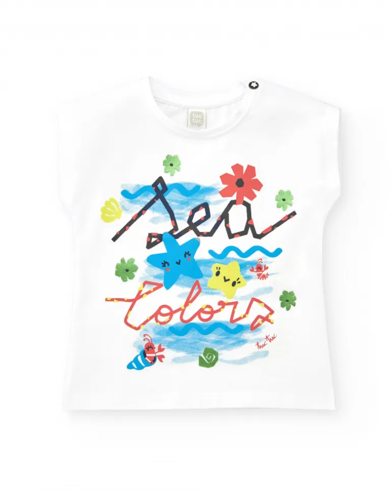T-shirt blanc pour fille avec imprimé marin et phrase "Sea Colors"