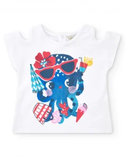 T-shirt blanc pour fille avec imprimé de pieuvre
