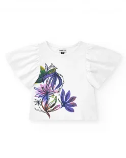T-shirt blanc pour fille avec manches à volants et imprimé fleuri.