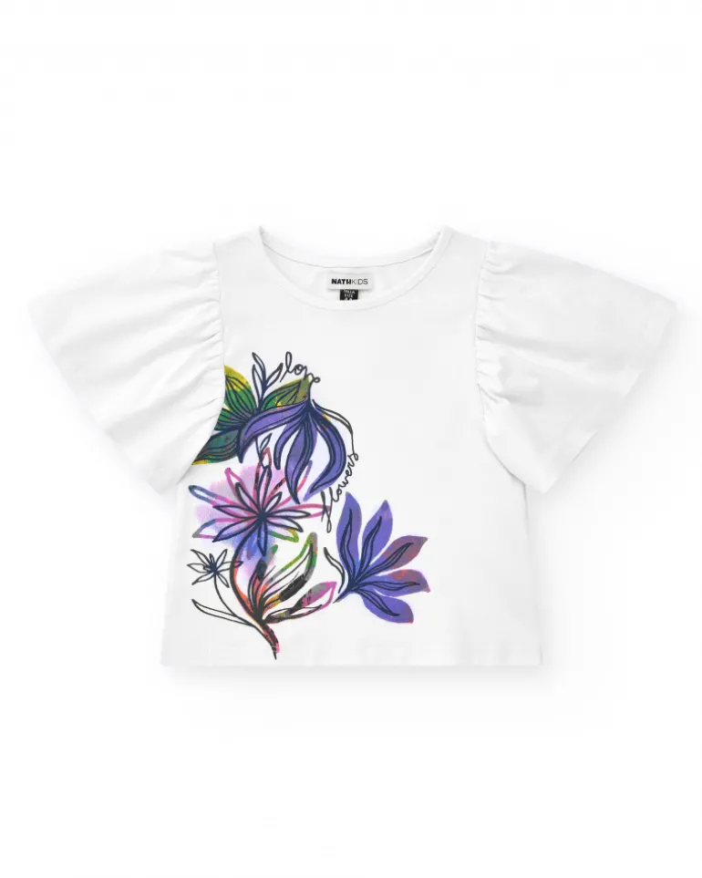 T-shirt blanc pour fille avec manches à volants et imprimé fleuri.