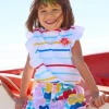 T-shirt blanc pour fille avec rayures multicolores et volants