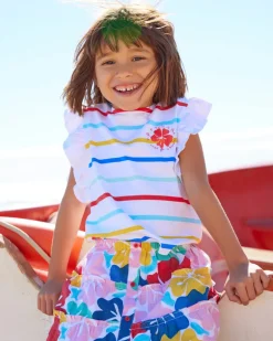 T-shirt blanc pour fille avec rayures multicolores et volants
