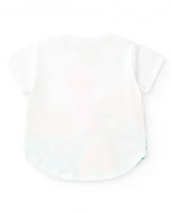 T-shirt blanc pour fille avec oiseau multicolore et détails en tissu