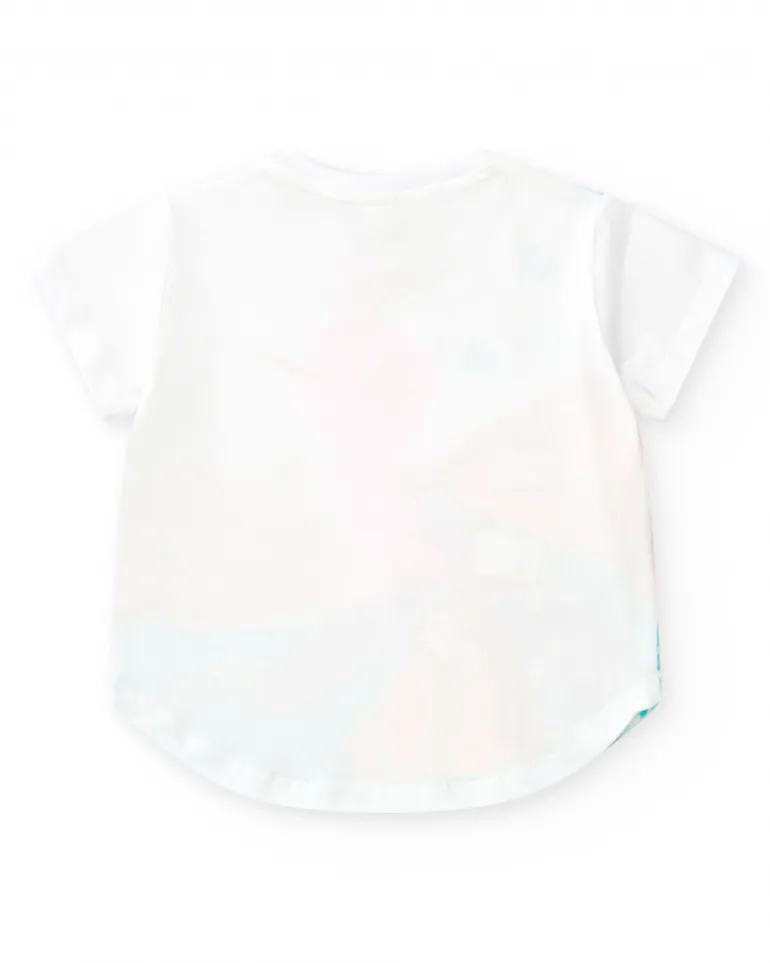 T-shirt blanc pour fille avec oiseau multicolore et détails en tissu