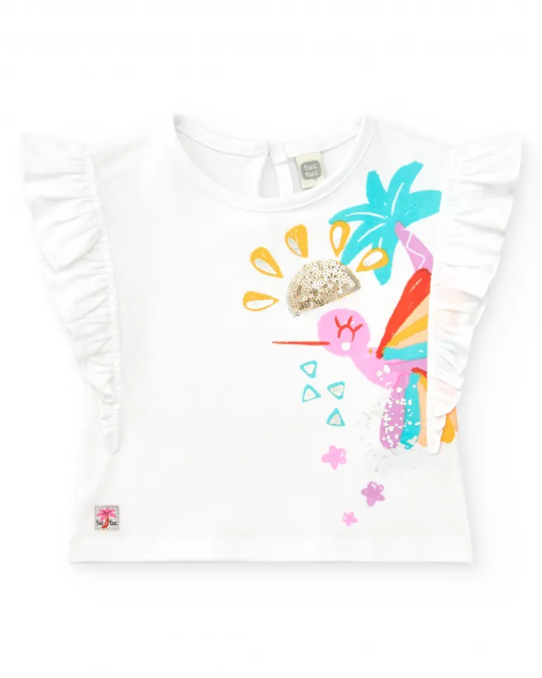 T-shirt blanc pour fille avec colibri tropical et paillettes