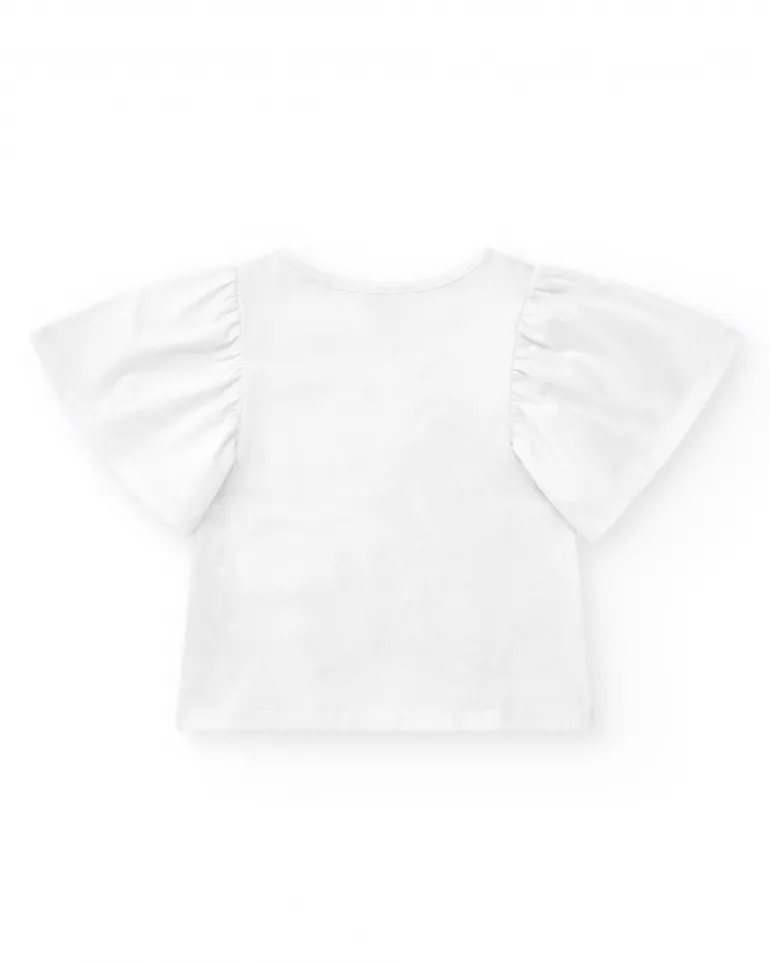 T-shirt blanc pour fille avec manches à volants et imprimé fleuri.