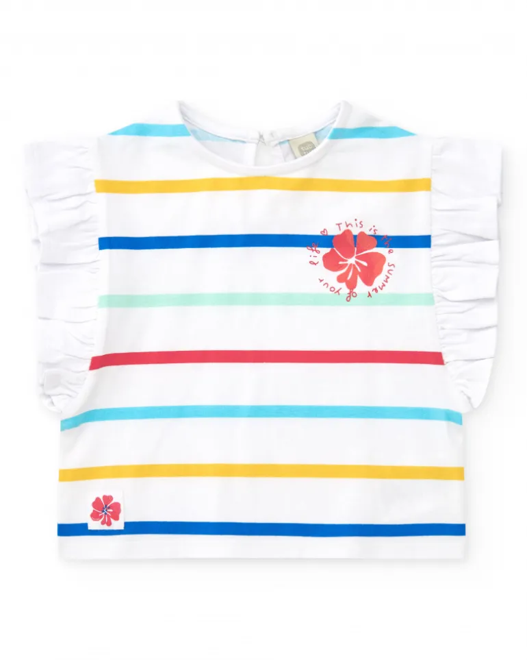 T-shirt blanc pour fille avec rayures multicolores et volants