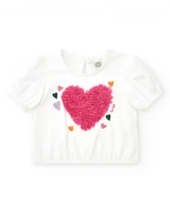 T-shirt blanc pour fille avec manches bouffantes et fronces