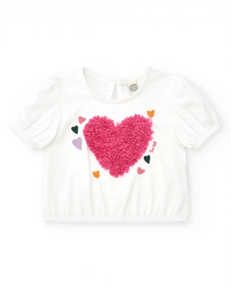 T-shirt blanc pour fille avec manches bouffantes et fronces