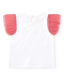 T-shirt blanc pour fille avec manches en tulle rose et fermeture arrière