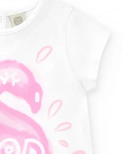 T-shirt blanc pour fille avec flamant rose et fermeture arrière