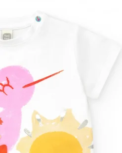 T-shirt blanc pour fille avec oiseau multicolore et détails en tissu