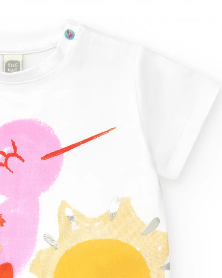 T-shirt blanc pour fille avec oiseau multicolore et détails en tissu