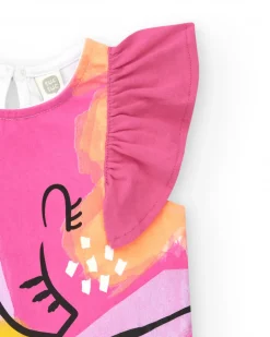 T-shirt blanc pour fille avec volants fuchsia aux épaules