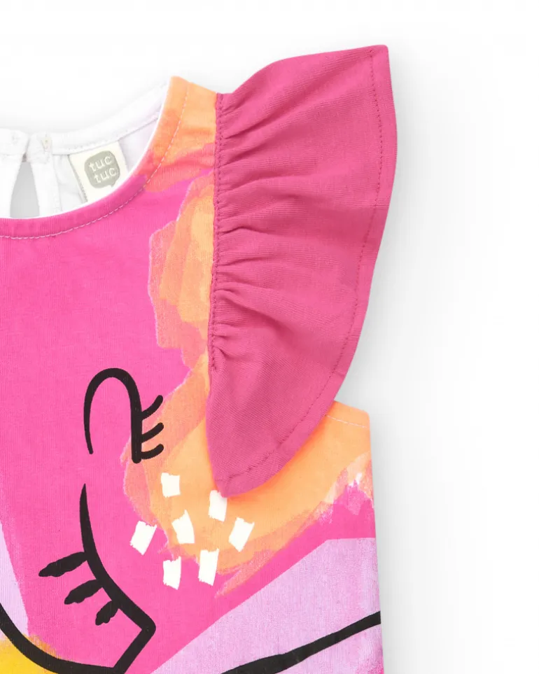 T-shirt blanc pour fille avec volants fuchsia aux épaules