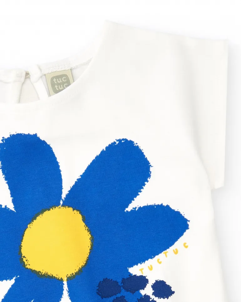 T-shirt blanc pour fille avec fleur bleue et cœurs