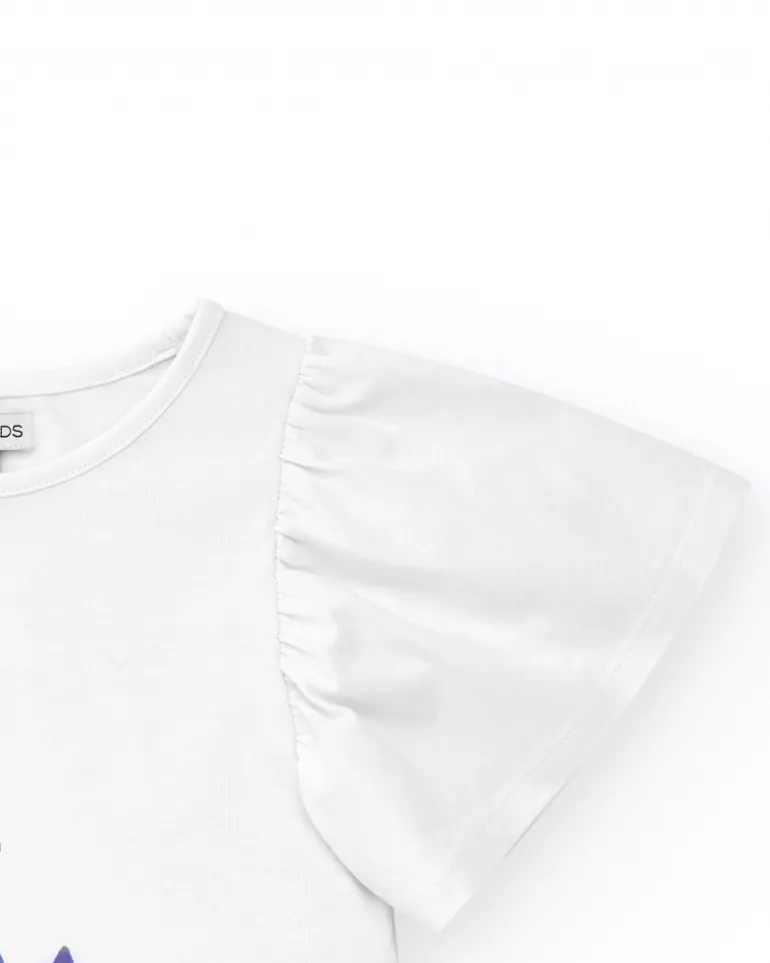 T-shirt blanc pour fille avec manches à volants et imprimé fleuri.