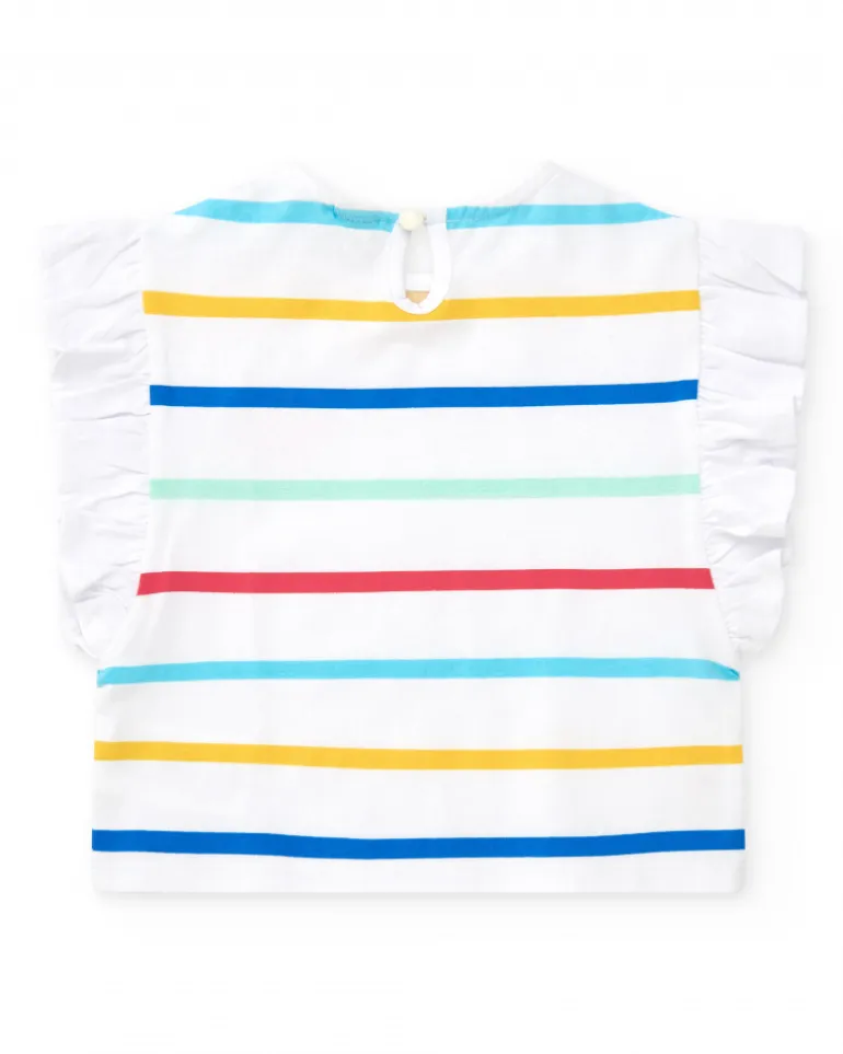 T-shirt blanc pour fille avec rayures multicolores et volants