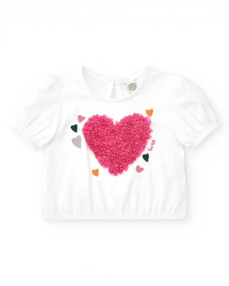 T-shirt blanc pour fille avec manches bouffantes et fronces
