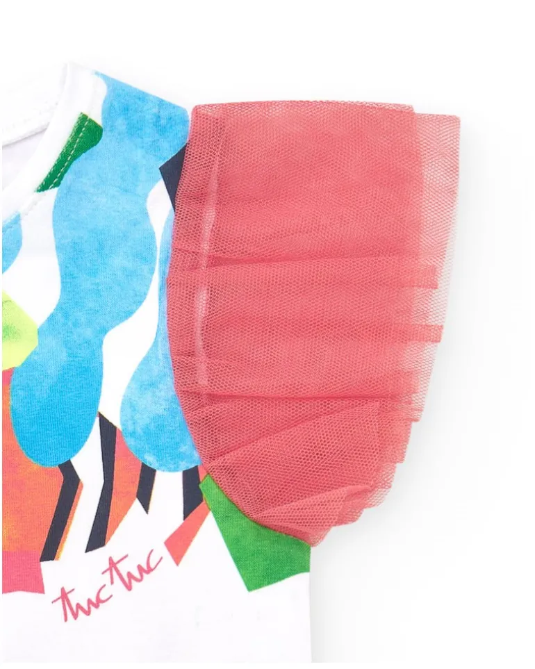 T-shirt blanc pour fille avec manches en tulle rose et fermeture arrière